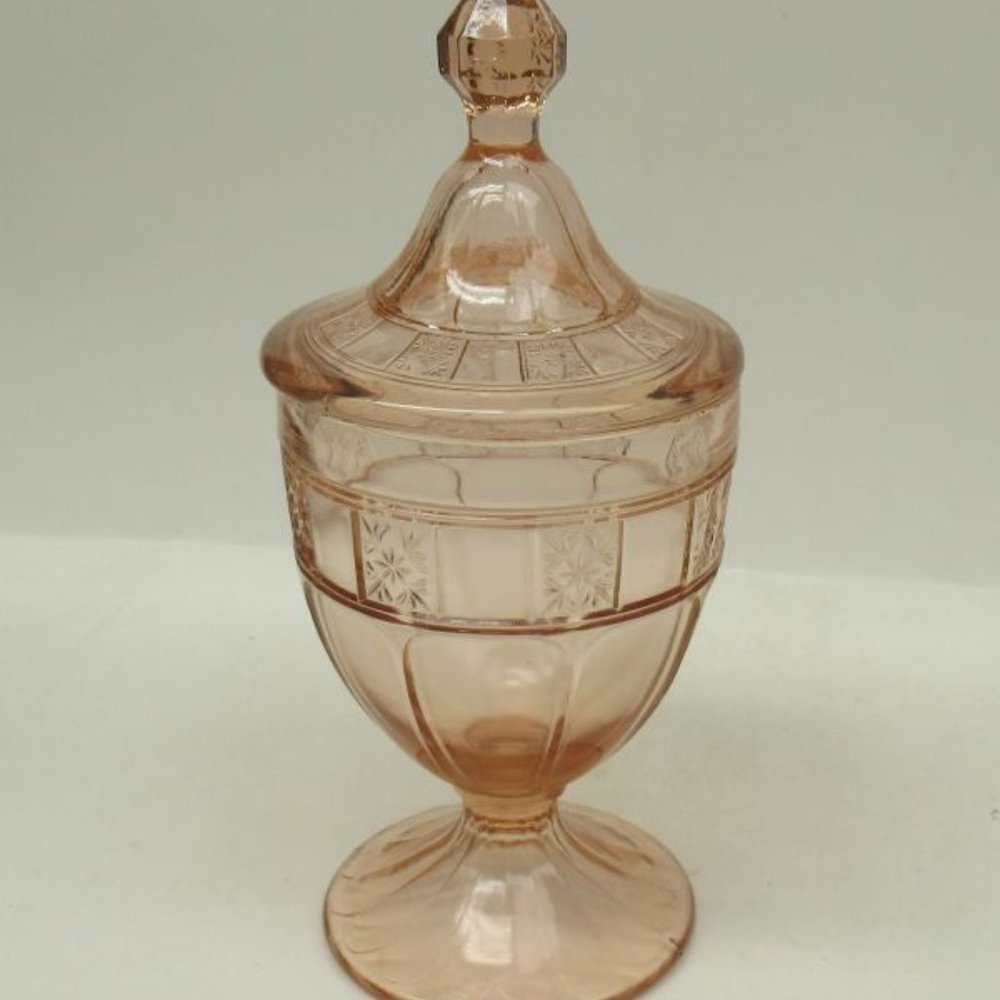 Jeannette Depression Glass Pink DORIC 8 Inch Footed Candy Dish with Lid